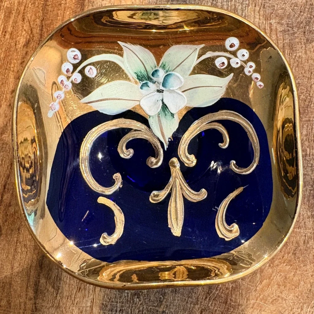 Vintage‎ Trinket Dish Blue Gold Hand Painted Floral Made in Italy Glass